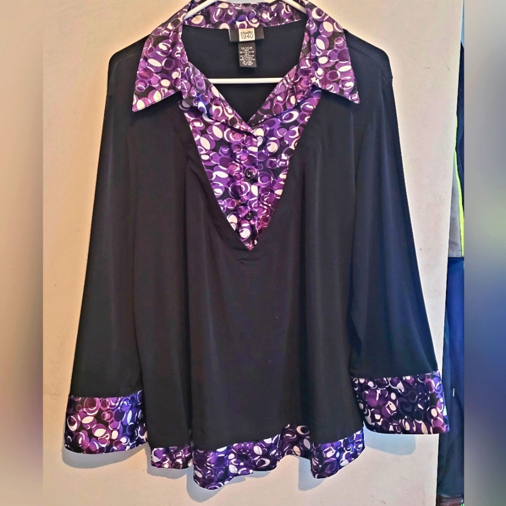 Studio 1940 Purple and Black Pullover Blouse Plus Size 18/20W